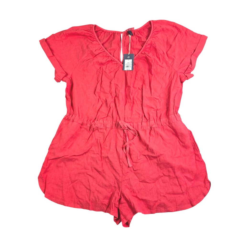 Universal Thread Linen Blend Romper Women 1X Red Short Sleeve Shorts Summer New